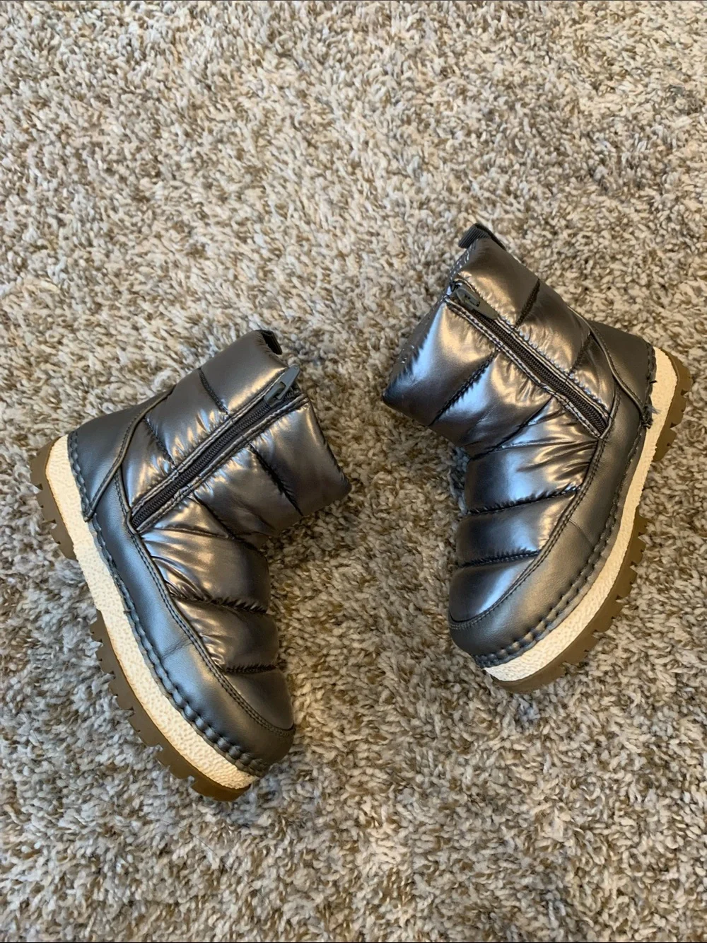 Metallic gray snow boots